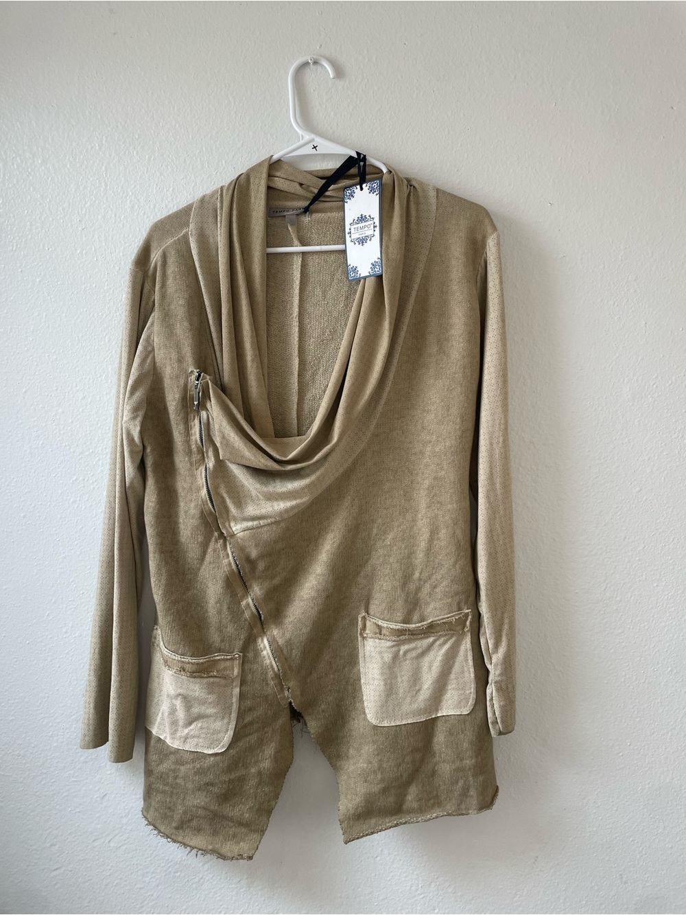 Tempo Paris Draped Open-Front Cardigan Jacket in Tan